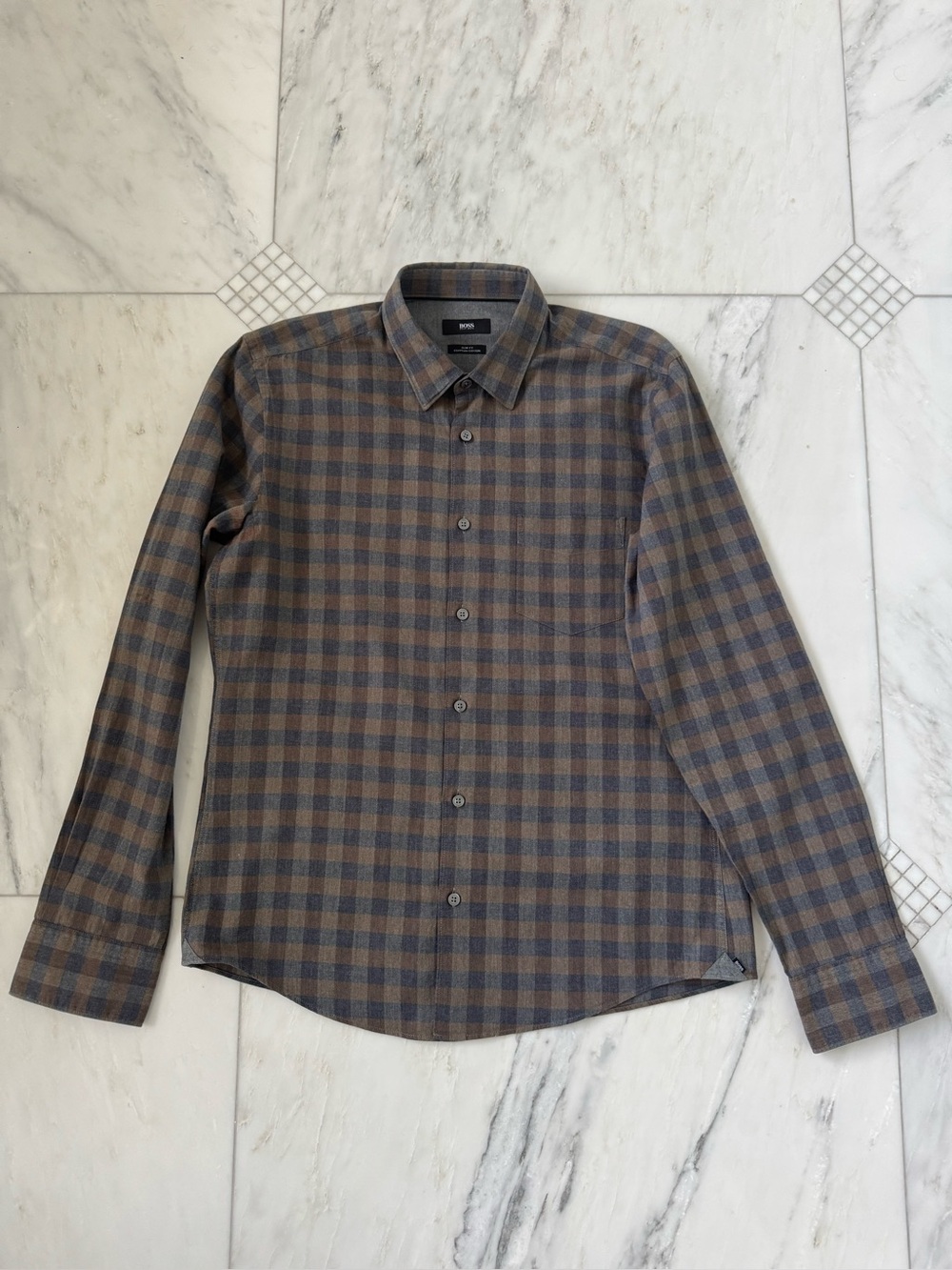 BOSS Brown and Blue Plaid Long-Sleeve Button Down Shirt